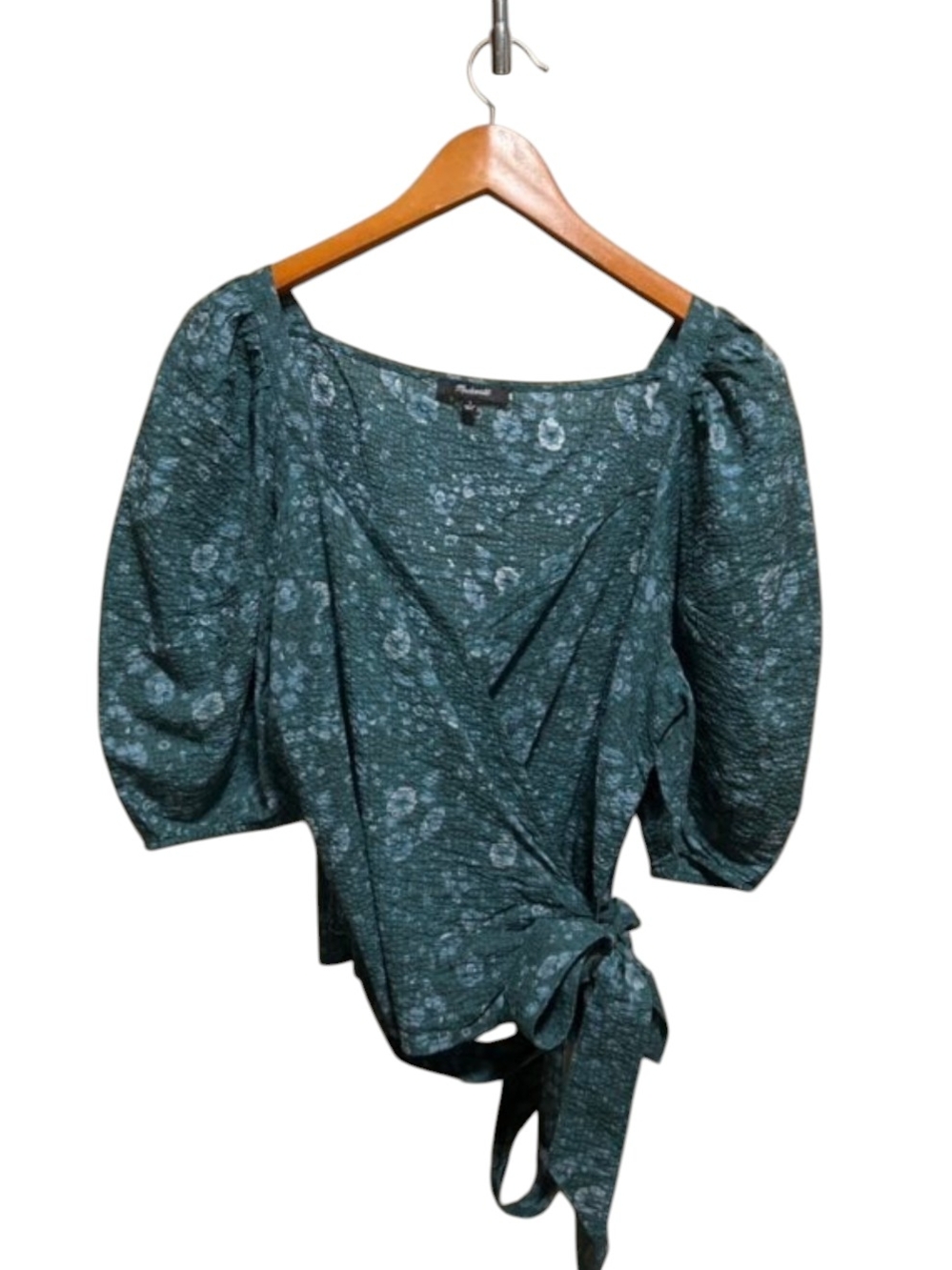 Madewell Teal Floral Puff-Sleeve Wrap Blouse